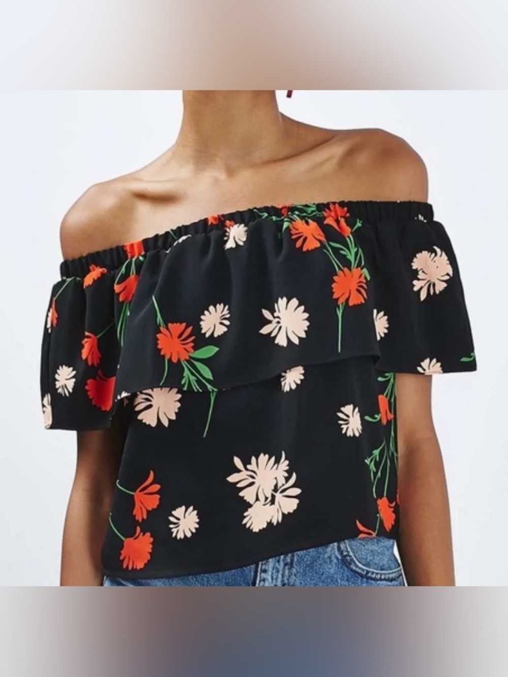 Topshop Black and Red Floral Off-the-shoulder Crop Top - NWT 6